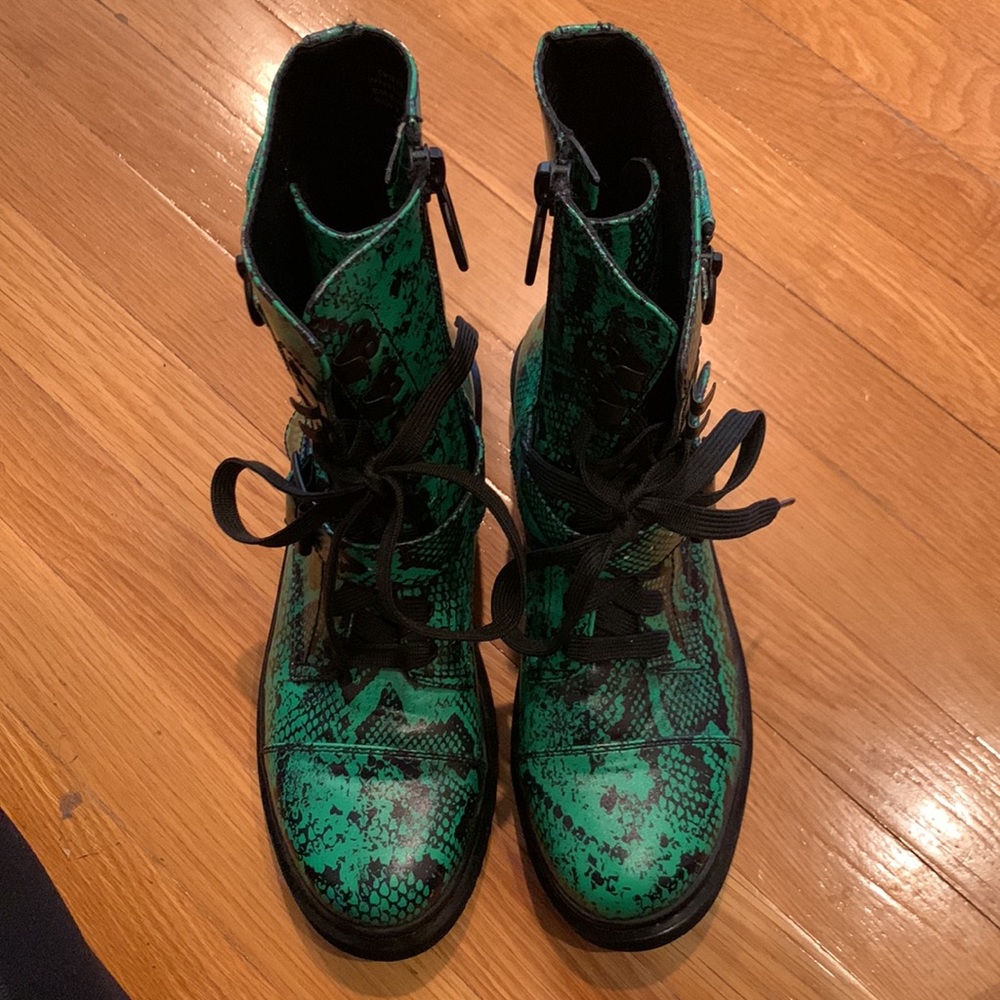 Current Mood Clothing Green Combat Boots Snakeskin Biker Moto Shoes Dolls Kill - Picture 8 of 13